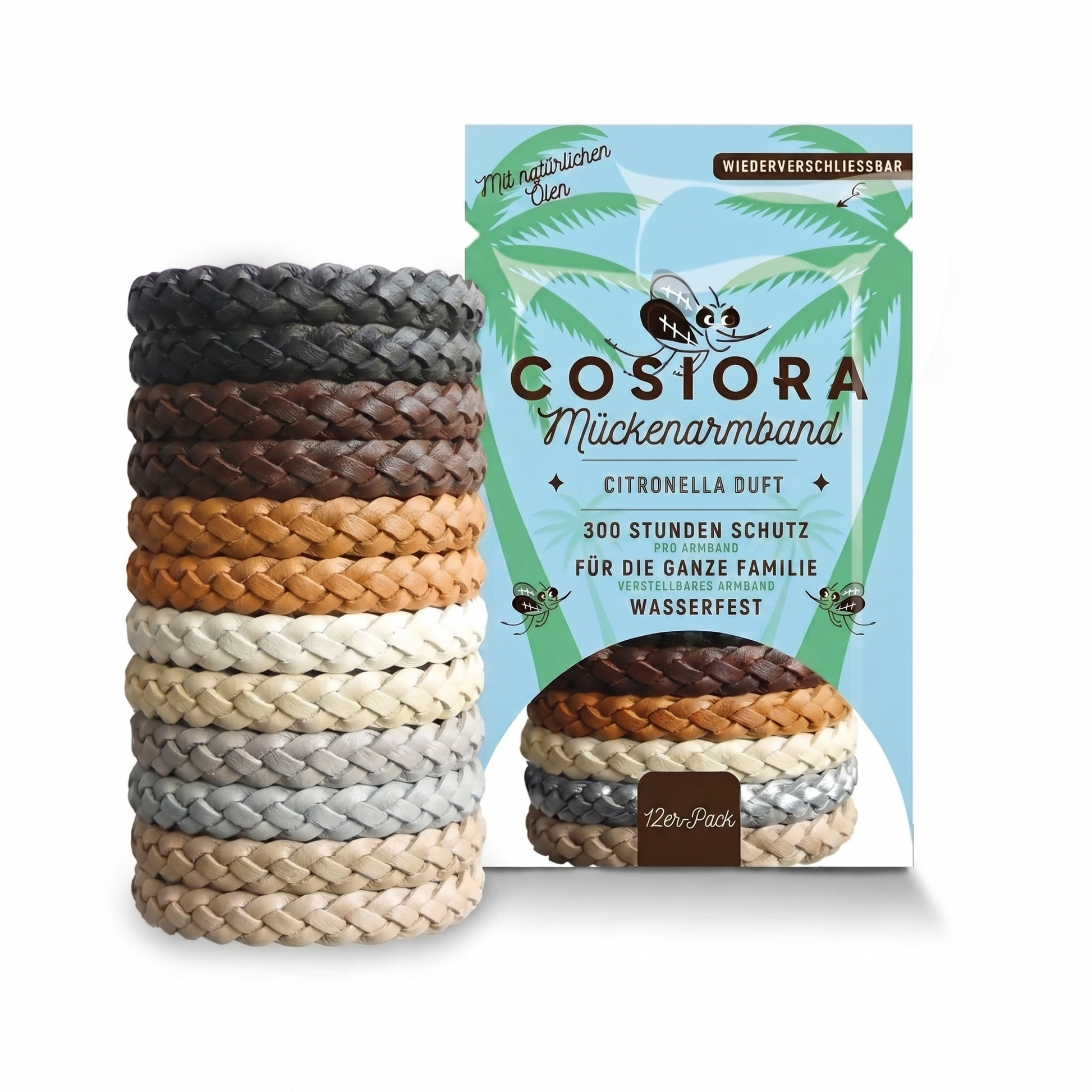 Mückenarmband Cosiora, klassische neutrale Farben — 12er-Pack