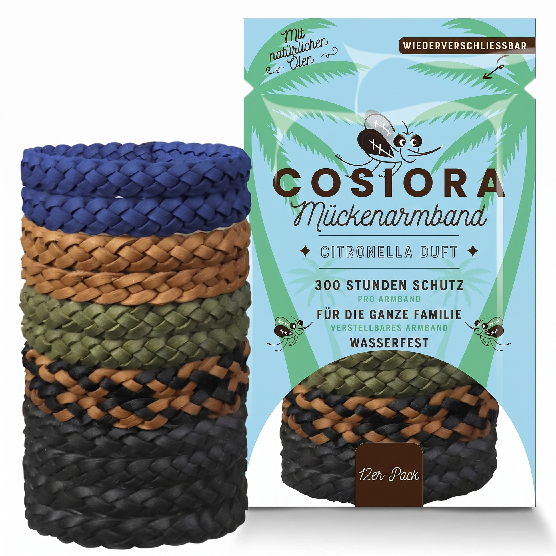 Mückenarmband Cosiora, dunkle Farben — 12er-Pack