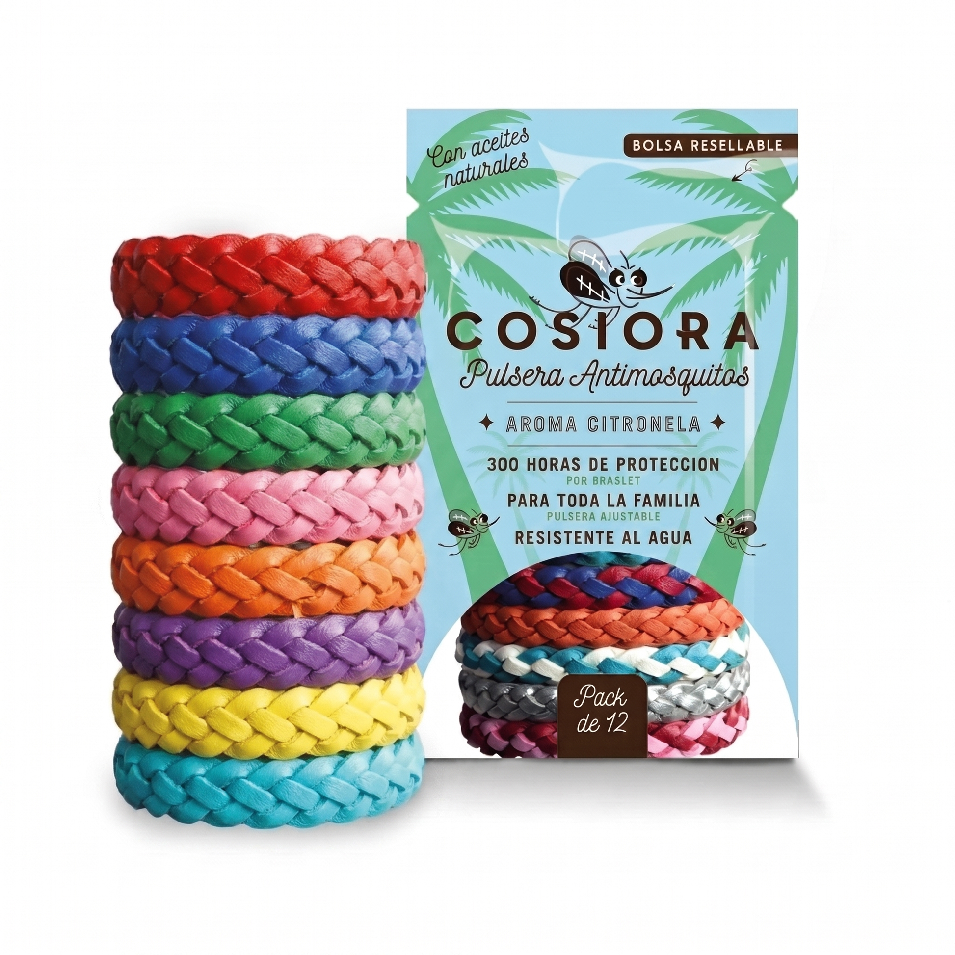 Pulsera antimosquitos natural Cosiora colores vivos — pack de 12