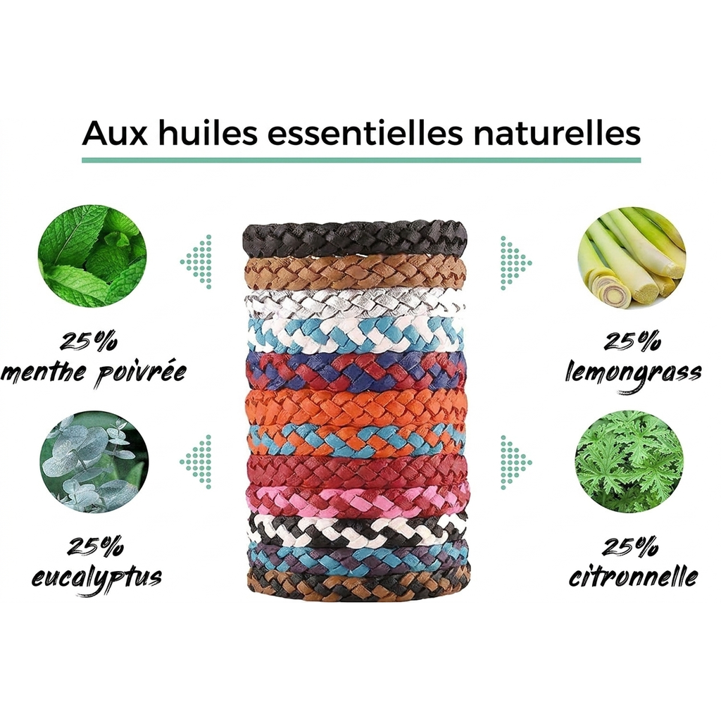 Bracelet anti-moustique Cosiora aux huiles essentielles naturelles — menthe poivrée, eucalyptus, lemongrass, citronnelle