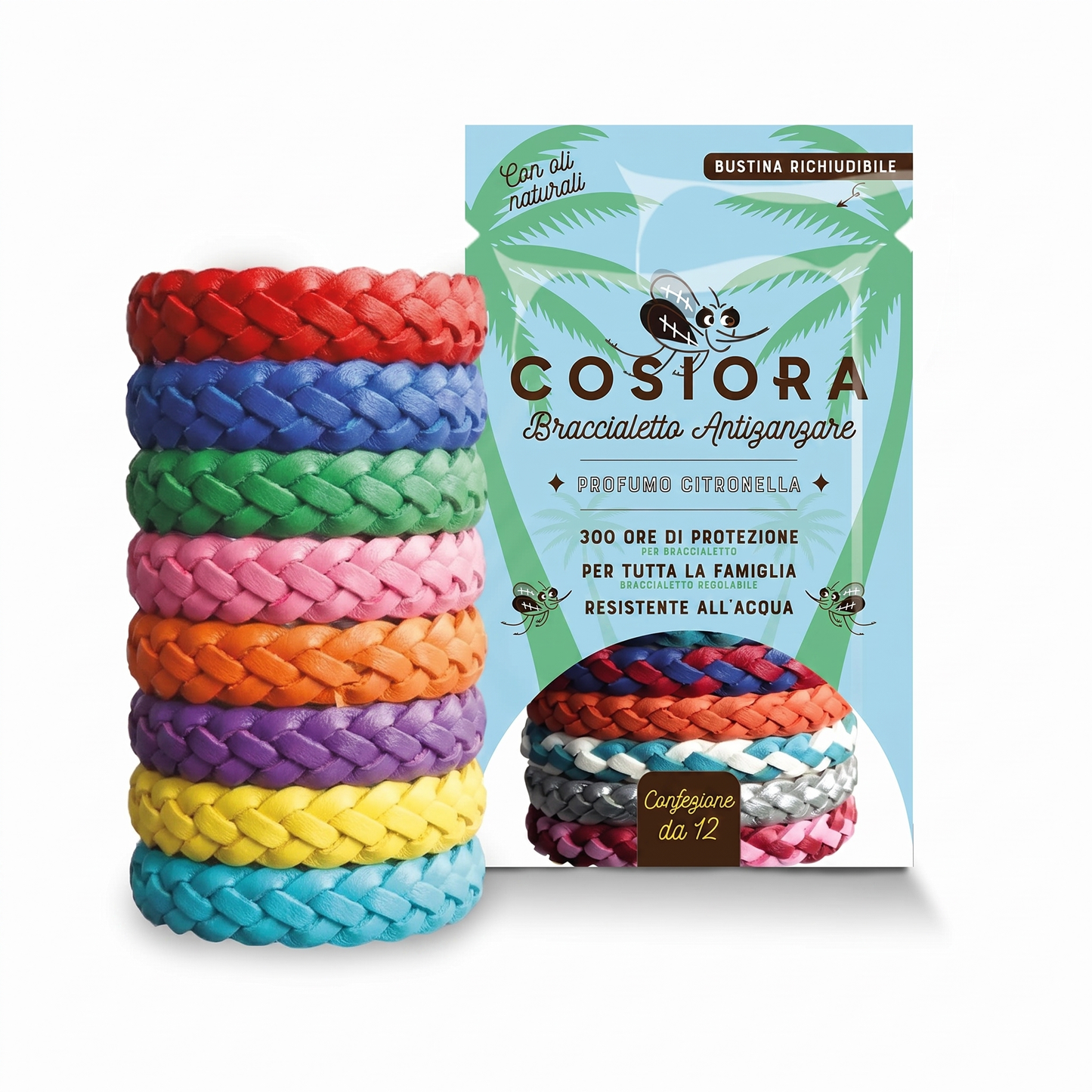 Braccialetto antizanzare naturale Cosiora colori vivaci — confezione da 12