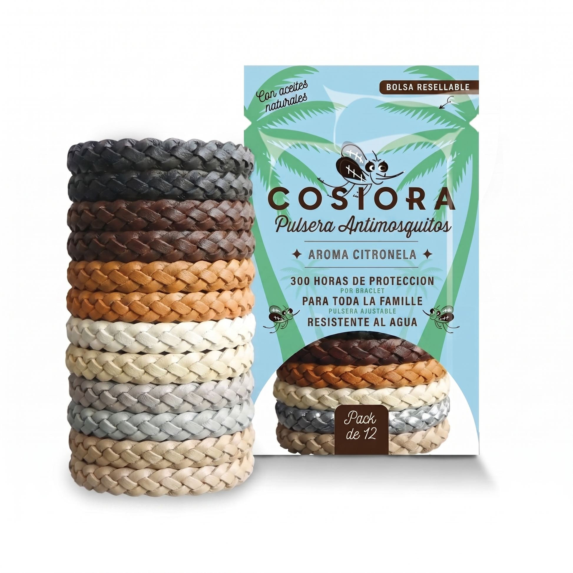 Pulsera antimosquitos Cosiora colores clásicos neutros — pack de 12