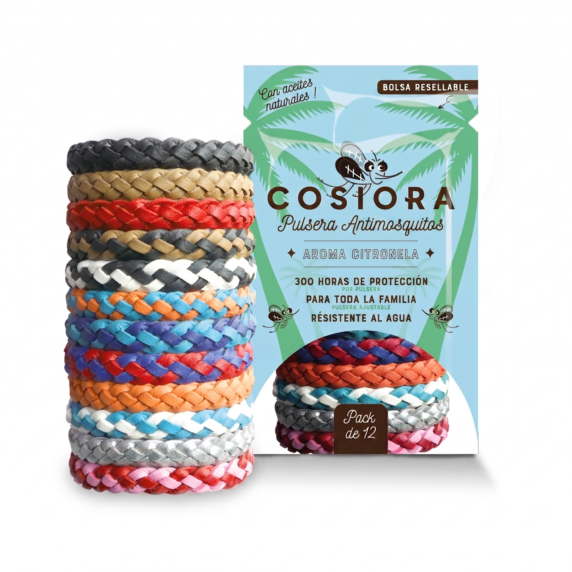 Pulsera antimosquitos Cosiora multicolor — pack de 12