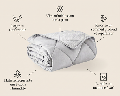 Infographie des 4 atouts de la couverture rafraîchissante : effet rafraîchissant, légère, respirante, lavable en machine