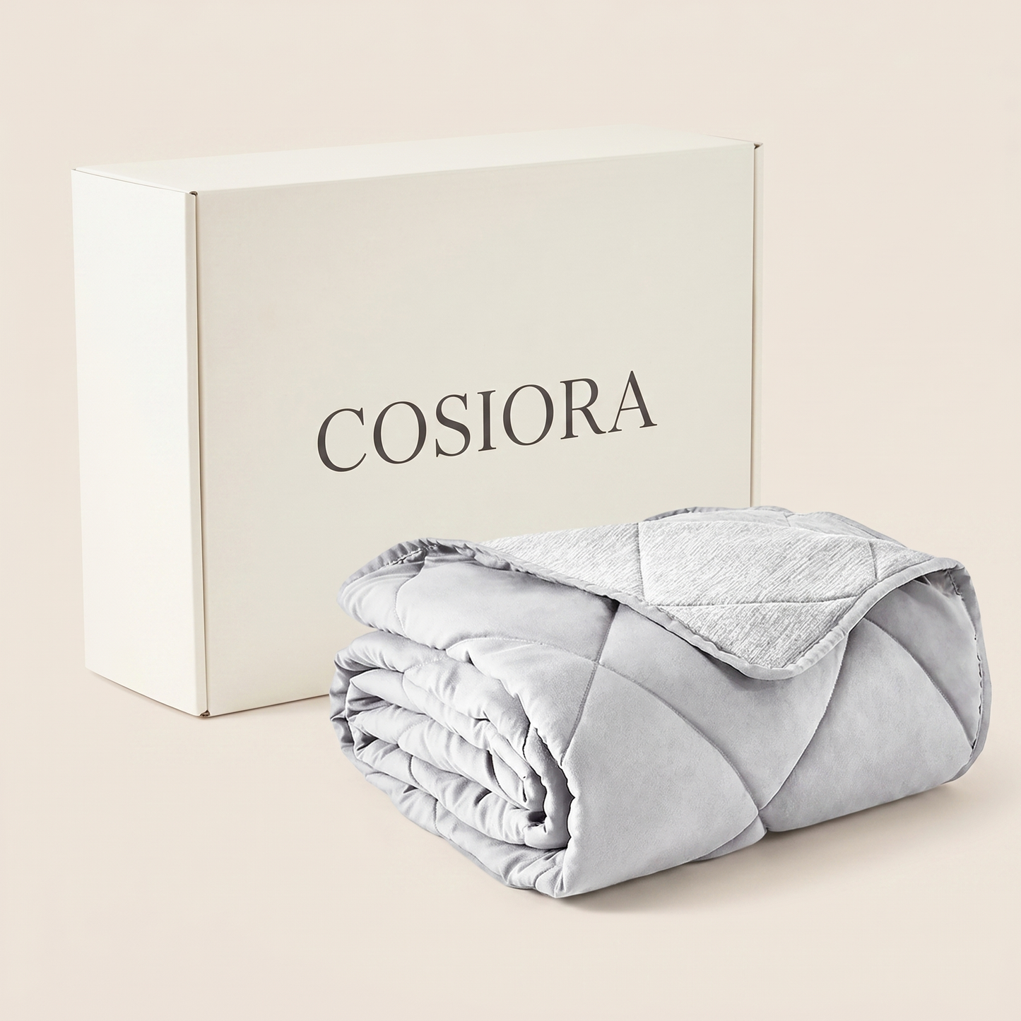 Couverture rafraîchissante Cosiora avec son packaging officiel coffret beige