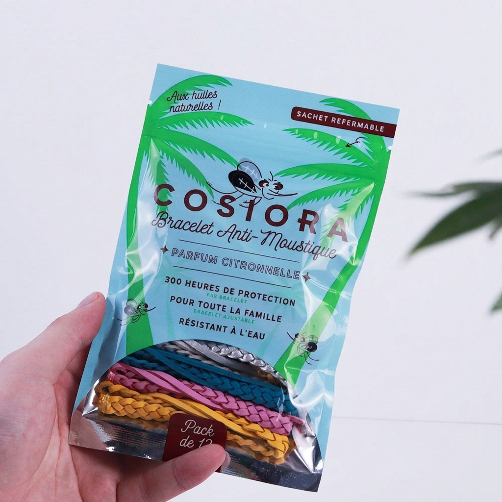 Sachet COSIORA bracelet anti-moustique tenu en main, ambiance estivale
