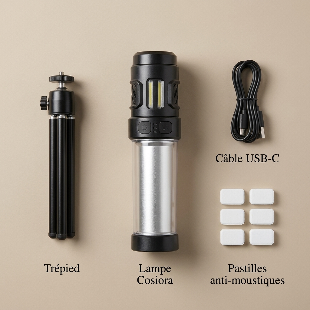 kit lampe anti moustique camping trépied pastilles câble USB-C