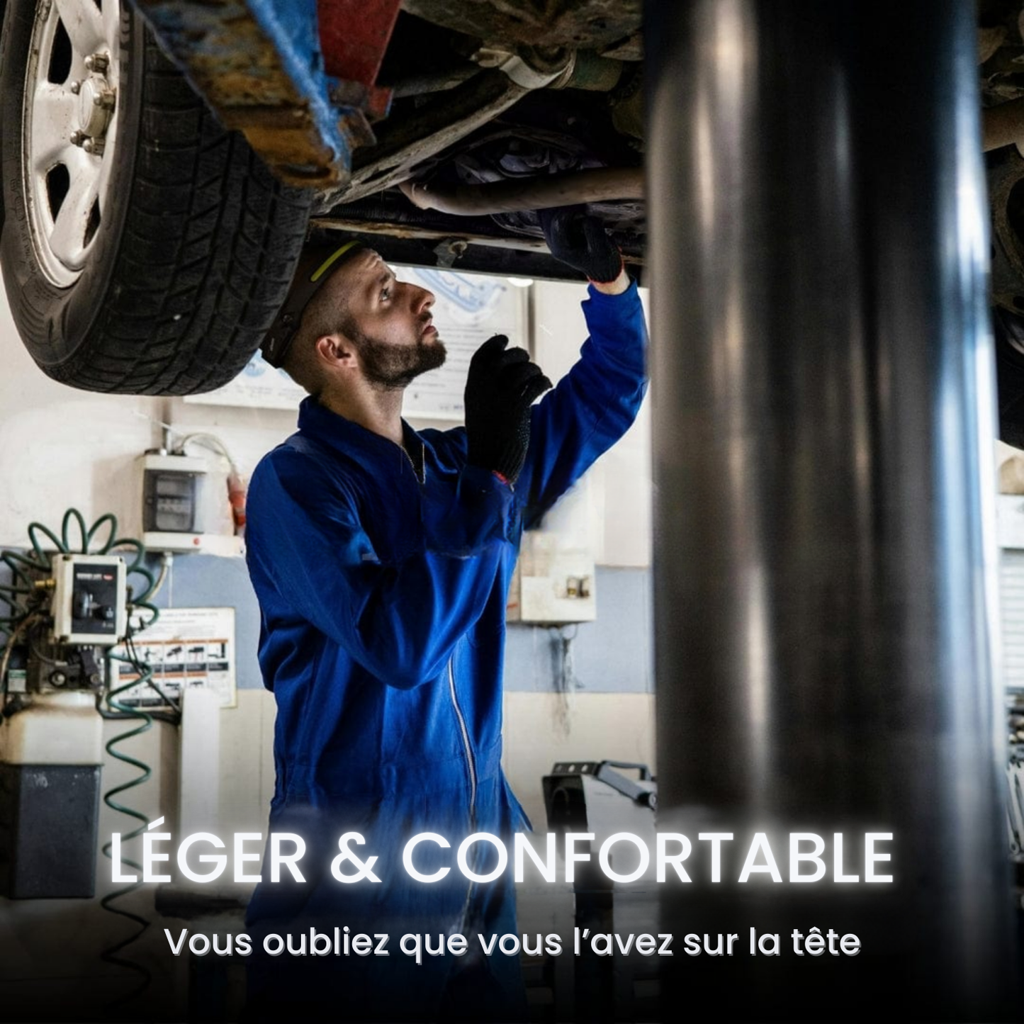 Mécanicien portant la lampe frontale Lumora légère 100g sous un véhicule sans gêne