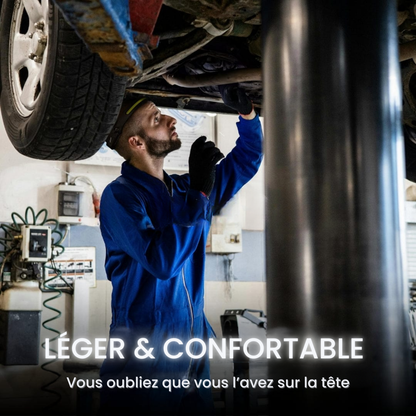 Mécanicien portant la lampe frontale Lumora légère 100g sous un véhicule sans gêne