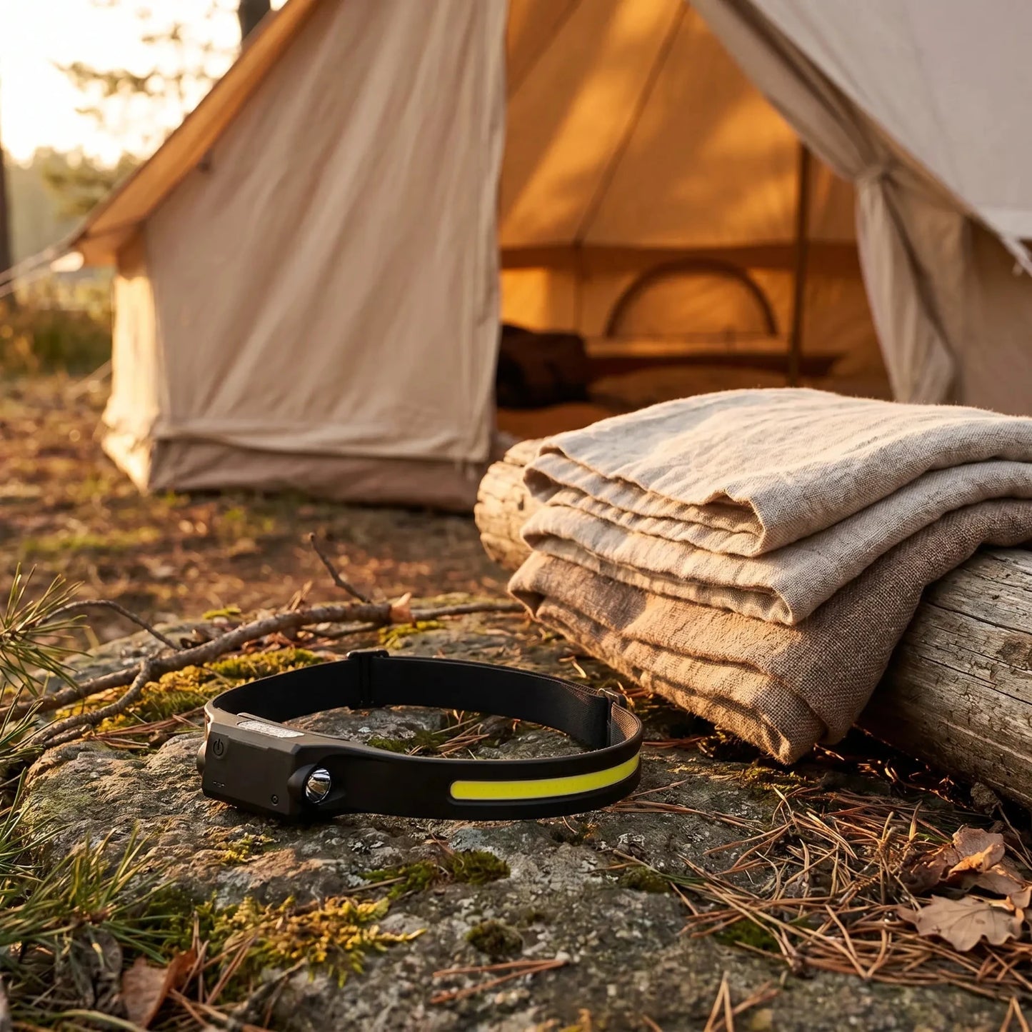 Lampe frontale randonnée Lumora posée devant une tente de camping au coucher du soleil