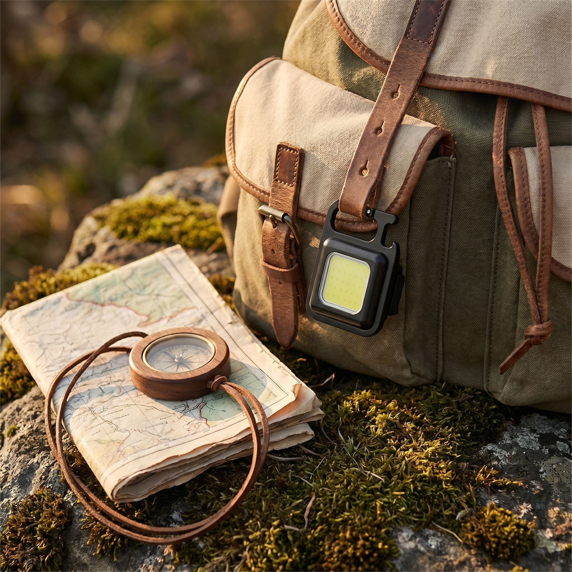 Lampe porte-clés LED accrochée sur sac à dos de randonnée avec carte et boussole | Cosiora