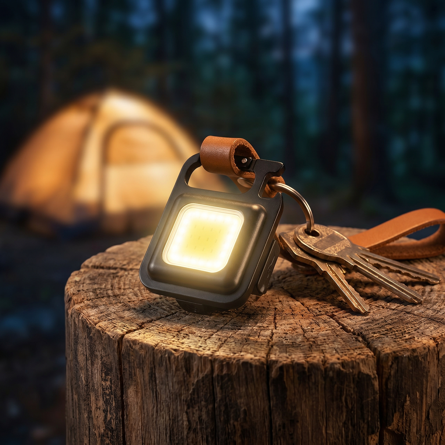 Mini lampe porte-clés LED allumée posée sur souche de bois ambiance camping forêt | Cosiora
