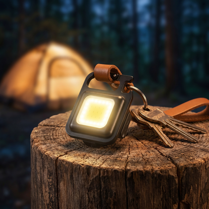 Mini lampe porte-clés LED allumée posée sur souche de bois ambiance camping forêt | Cosiora