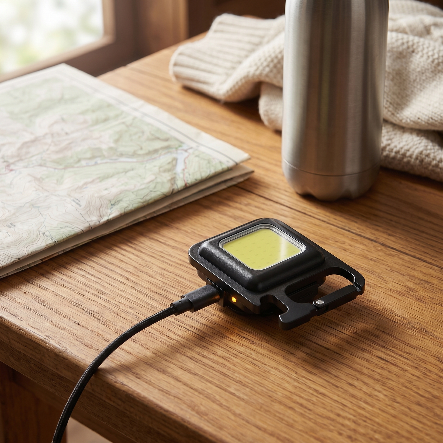 Lampe porte-clés rechargeable branchée USB-C sur table avec carte de randonnée | Cosiora