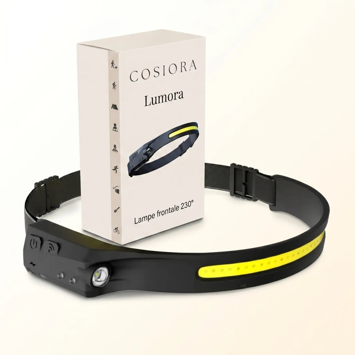Lampe frontale Lumora 230° avec son packaging officiel Cosiora