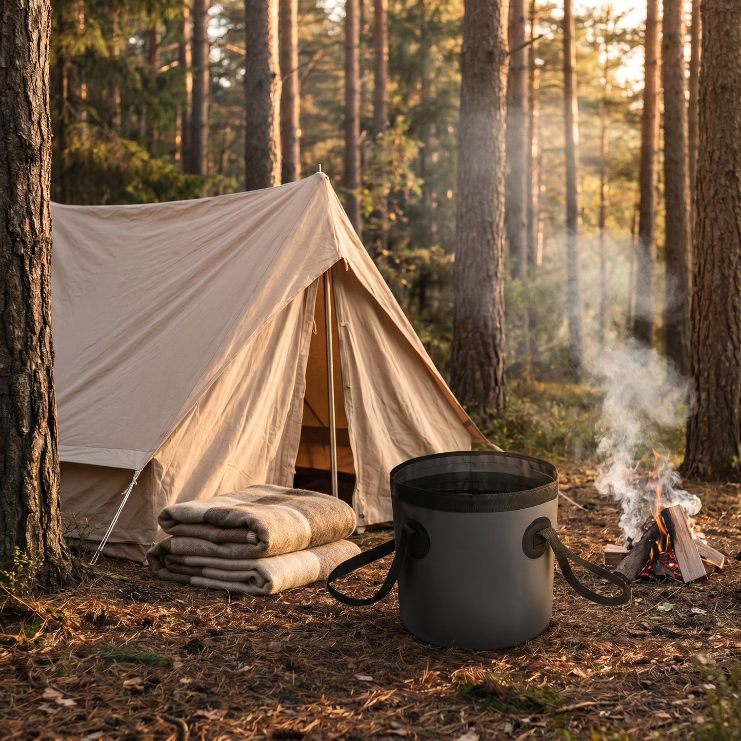 Seau pliable camping 20L posé en forêt devant une tente et feu de camp | Cosiora