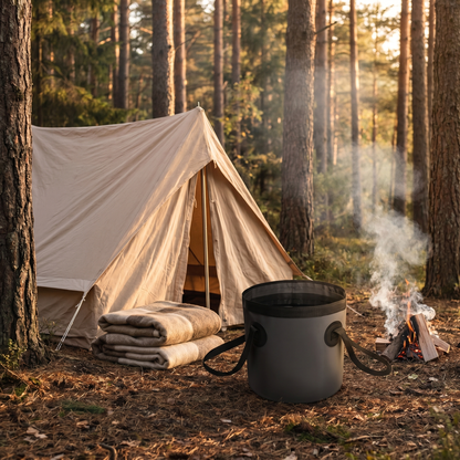 Seau pliable camping 20L posé en forêt devant une tente et feu de camp | Cosiora
