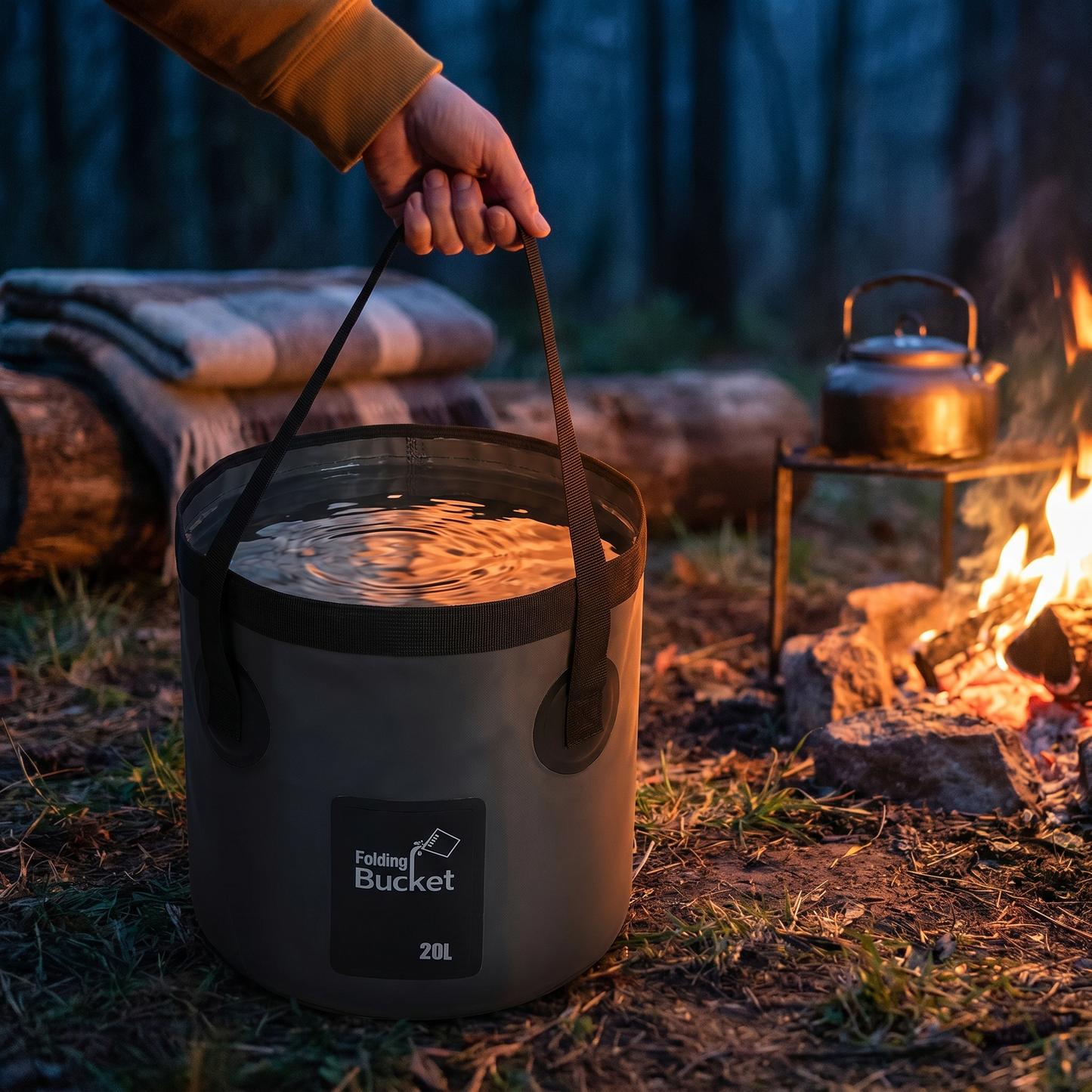 Seau pliable camping 20L tenu à la main devant feu de camp en forêt | Cosiora
