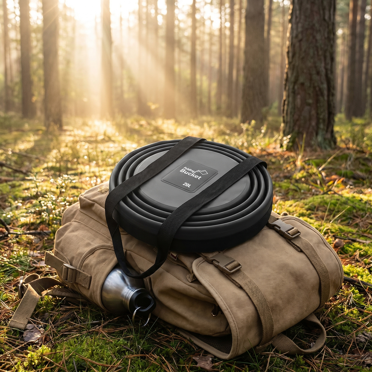 Seau pliable camping 20L posé sur sac à dos en forêt lumière matinale | Cosiora